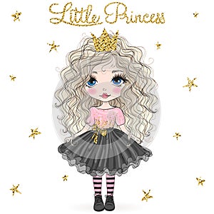 Hand drawn beautiful cute little princess girls with unicorn.