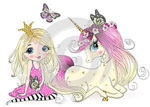 Hand drawn beautiful cute little princess girls with unicorn.