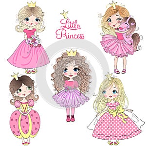 Hand drawn beautiful cute little princess girls with unicorn.