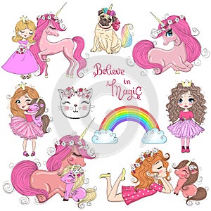 Hand drawn beautiful cute little princess girls with unicorn.