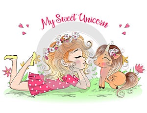 Hand drawn beautiful cute little princess girls with unicorn.