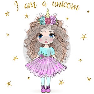 Hand drawn beautiful cute little princess girls with unicorn.