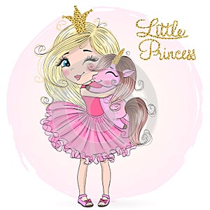 Hand drawn beautiful cute little princess girls with unicorn.