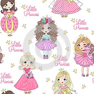 Hand drawn beautiful cute little princess girls with unicorn.