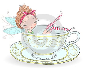 Hand drawn beautiful, cute, little redhead curly fairy girl with freckles takes a bath in a porcelain cup.