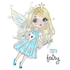 Hand drawn beautiful cute little tooth fairy girl with a tooth.