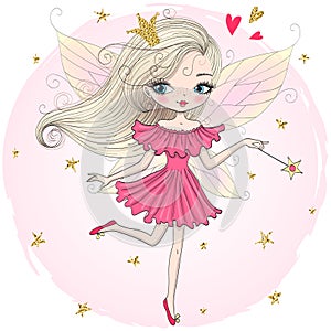 Hand drawn beautiful cute little tooth fairy princess girl with a tooth.