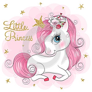 Hand drawn beautiful cute little unicorn girl with flowers on her head.