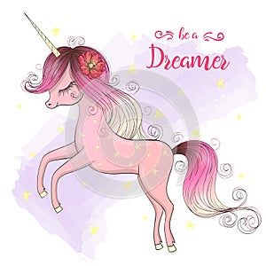 Hand drawn beautiful cute little unicorn girl with stars. Be a Dreamer.