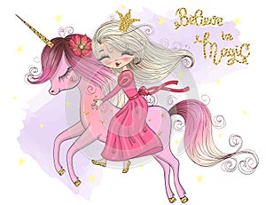 Hand drawn beautiful cute little unicorn girl with stars. Be a Dreamer.