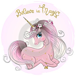 Hand drawn beautiful cute little unicorn girl with wreath on her head.