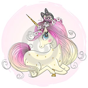 Hand drawn beautiful cute little unicorn girl with wreath on her head.