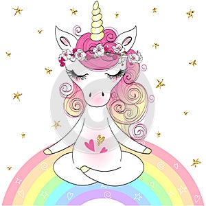 Hand drawn beautiful cute little Unicorn girl yogi in lotus position.