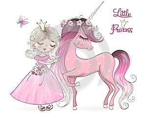 Hand drawn beautiful cute little unicorn with princess girl .