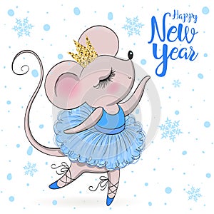 Hand drawn beautiful cute little winter fairy girl with a present and the words Happy New Year.