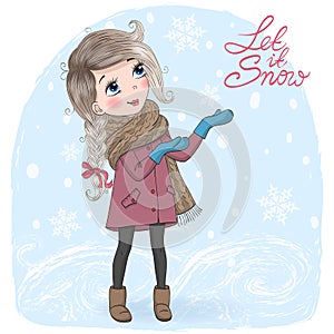 Hand drawn beautiful cute little winter girl on background with inscription Hello Winter.