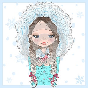 Hand drawn beautiful cute little winter girl with a bird.