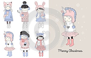 Hand drawn beautiful cute little winter girls collection. Merry Christmas greeting cards design