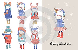 Hand drawn beautiful cute little winter girls collection. Merry Christmas greeting cards design