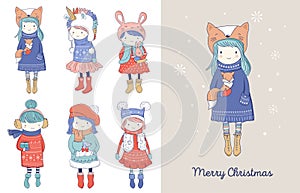 Hand drawn beautiful cute little winter girls collection. Merry Christmas greeting cards design