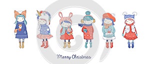 Hand drawn beautiful cute little winter girls collection. Merry Christmas greeting cards design