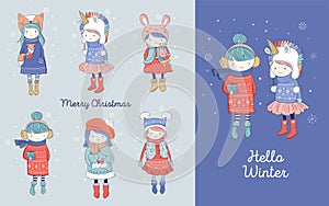 Hand drawn beautiful cute little winter girls collection. Merry Christmas greeting cards design