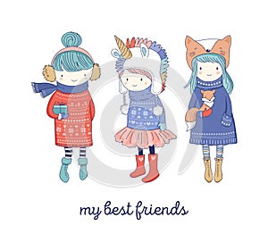 Hand drawn beautiful cute little winter girls collection. Merry Christmas greeting cards design