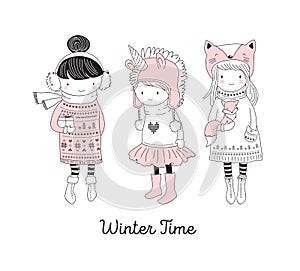 Hand drawn beautiful cute little winter girls collection. Merry Christmas greeting cards design