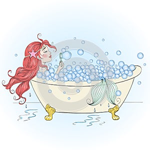 Hand drawn beautiful, cute, romantic redhead mermaid girl in the bathroom blow bubbles..