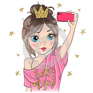 Hand drawn beautiful cute selfie girl with smart phone.