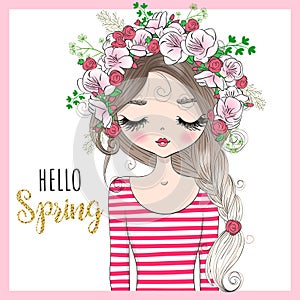 Hand drawn beautiful, cute spring girl with wreath of flowers.