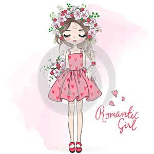 Hand drawn beautiful, cute spring girl with wreath of flowers.