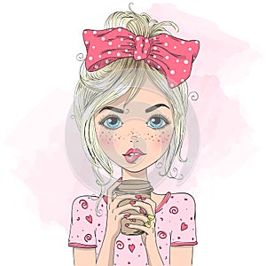 Hand drawn beautiful cute summer girl with drink in her hands..