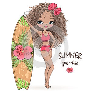 Hand drawn beautiful cute summer girl with surfboard.