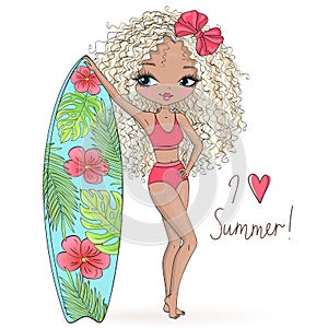 Hand drawn beautiful cute summer girl with surfboard.