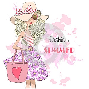 Hand drawn beautiful cute summer girls on the background with inscription fashion summer.