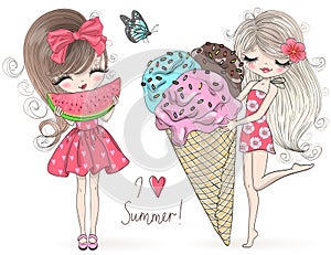 Hand drawn beautiful cute summer girls with big watermelon and ice-cream in her hands.