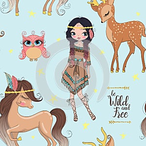 Hand drawn beautiful cute tribal indian girl with little horse.
