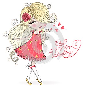 Hand drawn beautiful, cute, valentine girl in love.