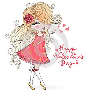 Hand drawn beautiful, cute, valentine girl in love.