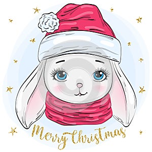 Hand drawn beautiful cute winter rabbit girl with the words Merry Christmas.