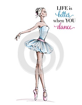 Hand drawn beautiful dancing woman. Pretty ballerina. Girl in pink point shoes. Ballerina in blue dress. Beautiful balet dancer.
