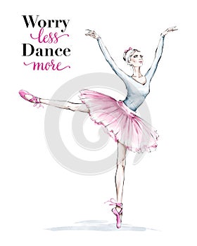 Hand drawn beautiful dancing woman. Pretty ballerina. Girl in pink point shoes. Ballerina in pink tutu. Ballet dancer.