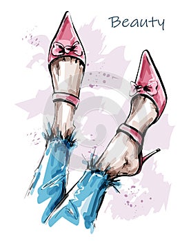 Hand drawn beautiful female legs with pink shoes. Fashion shoes. Sketch.