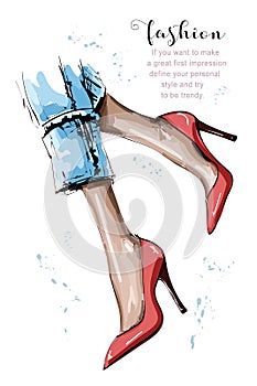 Hand drawn beautiful female legs. Stylish women red shoes. Sketch.