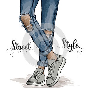 Hand drawn beautiful female legs.Trendy teen wearing sneakers and ripped jeans. Vector illustration Fashion Denim Style