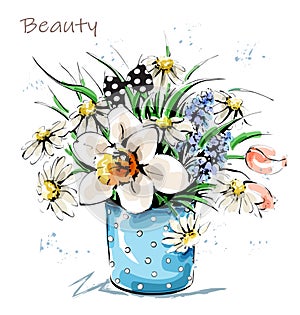 Hand drawn beautiful flowers in vase. Cute flower bouquet. Sketch.