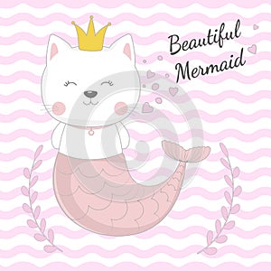 Hand drawn beautiful funny cat mermaid princess on a Isolated pink stripes background.