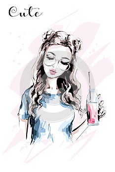 Hand drawn beautiful girl with stylish hairstyle. Fashion woman with drink bottle. Cute young woman portrait.
