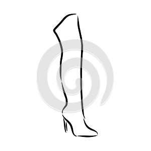 Hand drawn beautiful leather woman boot with high heel. Fashion illustration isolated on white background, boots, vector sketch